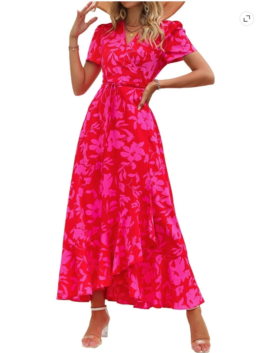 Pretty Garden Red Pink Floral Maxi Wrap Dress size XL